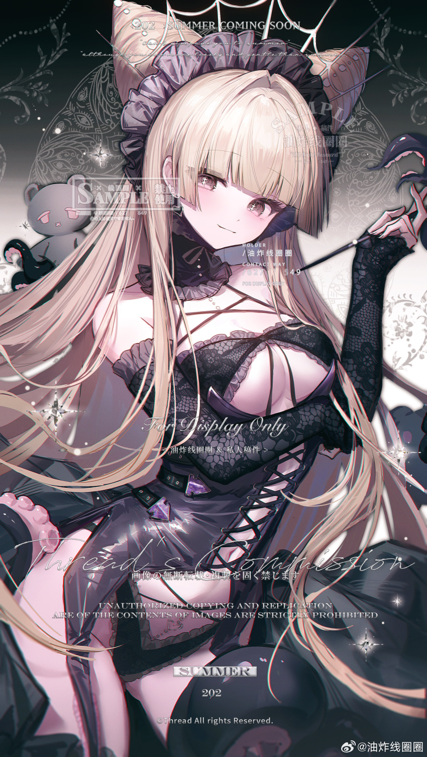 1girl absurdres bare_shoulders black_gloves blonde_hair blunt_bangs blush breasts brown_eyes cleavage closed_mouth double_bun earrings elbow_gloves gloves hair_bun highres holding holding_smoking_pipe jewelry large_breasts long_hair looking_at_viewer navel original panties revealing_clothes smile smoking_pipe solo stuffed_toy thighhighs underwear very_long_hair watermark youzha_xian_quanquan