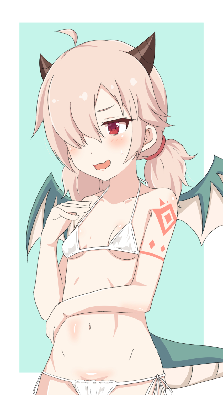 1girl absurdres bikini blush dragon_girl dragon_horns dragon_tail highres horns inori_(princess_connect!) kuroha_uma micro_bikini open_mouth princess_connect! red_eyes short_hair swimsuit tail