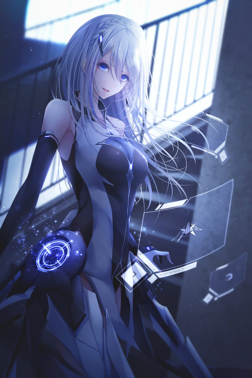 1girl :d android blue_eyes blue_hair braid code:qualia cropped_legs crown_braid detached_sleeves device dress hair_ornament highres holographic_interface light_particles long_hair lucia_(code:qualia) mecha_musume open_mouth purple_hair sleeveless sleeveless_dress smile stairs standing yoaferia