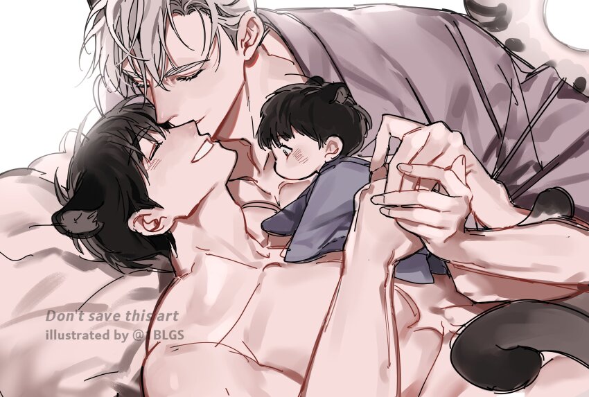 1blgs 3boys aged_down animal_ears artist_name baby black_hair cat_boy cat_ears cat_tail closed_eyes couple dual_persona english_text grey_hair grey_shirt grin highres ilay_riegrow jeong_taeui light_blush lying male_focus multiple_boys nude on_back passion_(manhwa) pectorals shirt short_hair smile snow_leopard_boy snow_leopard_ears snow_leopard_tail tail teeth twitter_username yaoi