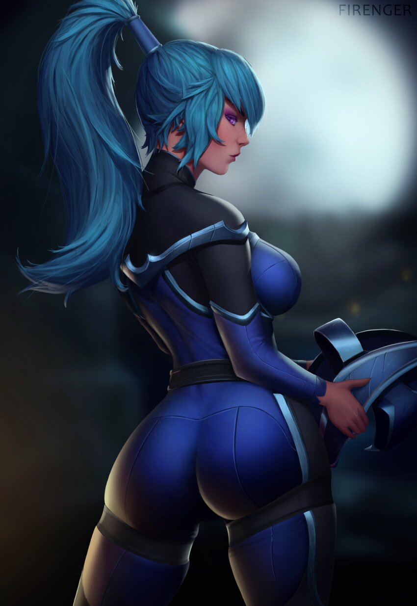 1girl absurdres armor artist_name ass back blue_bodysuit blue_hair blurry blurry_background bodysuit breasts commentary dota_(series) dota_2 english_commentary firenger full_moon helmet highres holding holding_helmet large_breasts lips long_hair looking_at_viewer looking_back luna_(dota) moon night night_sky pauldrons ponytail purple_eyes shoulder_armor sideboob sky solo