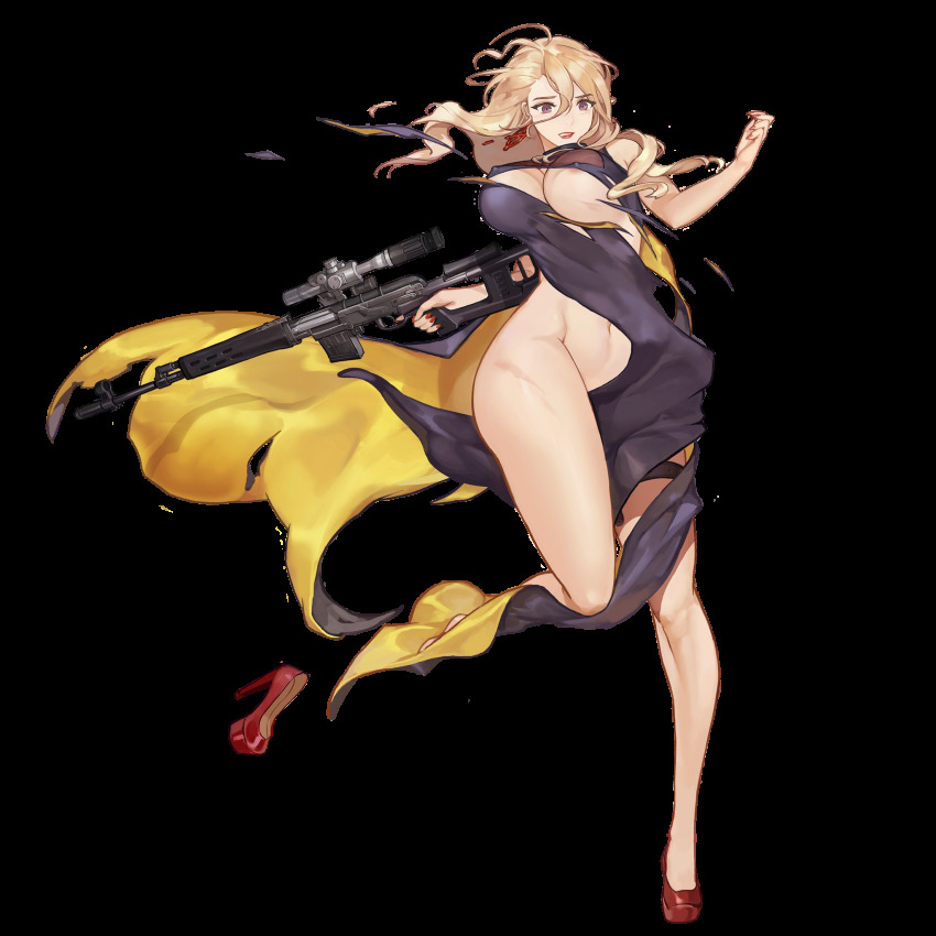1girl amy_razor bare_arms bare_legs blonde_hair breasts clothes_between_thighs dress earrings female_focus full_body game_cg groin gun handgun high_heels highres jewelry large_breasts last_origin lipstick long_dress long_hair looking_at_viewer makeup nail_polish navel nipple_slip nipples official_art pistol purple_eyes red_nails rifle rorobomb shoes side_slit single_shoe solo tachi-e thighs torn_clothes transparent_background turtleneck turtleneck_dress weapon wide_hips