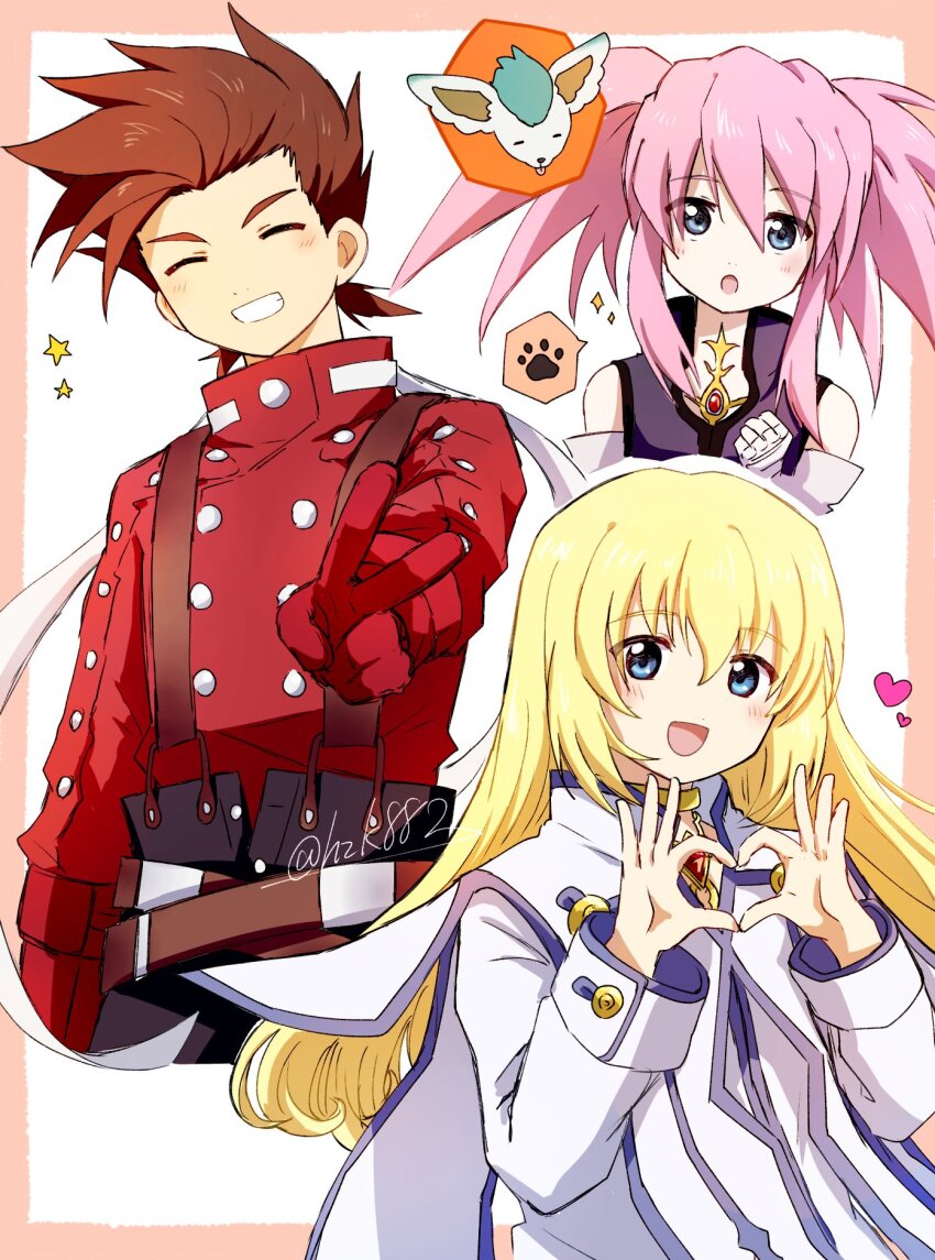 belt black_pants blonde_hair blue_eyes border brown_hair closed_eyes colette_brunel dress elbow_gloves gloves gold_choker heart heart_hands highres hzk882 jacket light_blush lloyd_irving long_sleeves looking_at_viewer multiple_belts multiple_views noishe pants paw_print pink_hair presea_combatir red_gloves red_shirt shirt smile star_(symbol) suspenders tales_of_(series) tales_of_symphonia twintails v white_background white_dress white_jacket