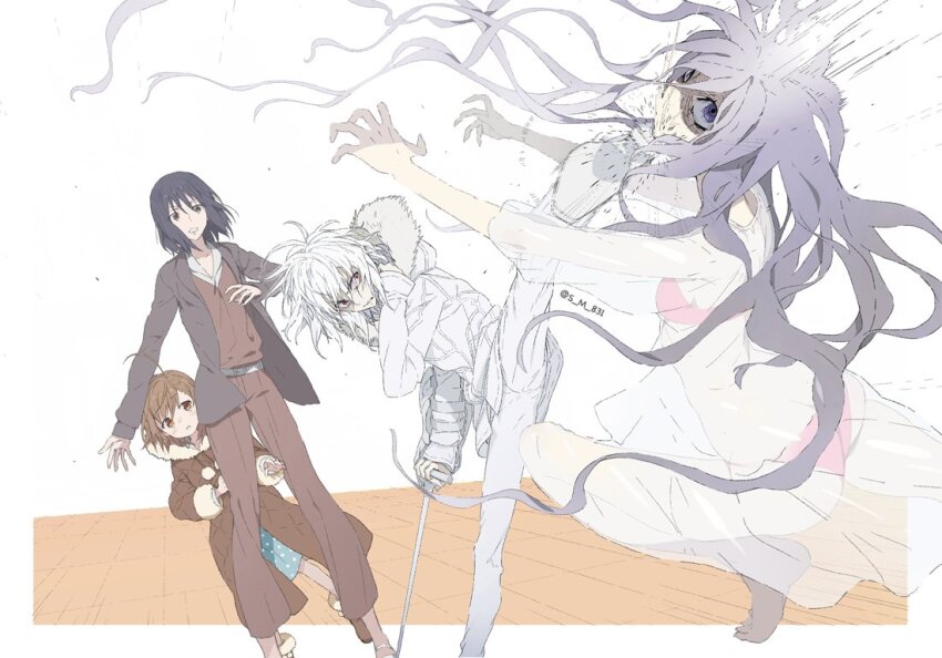 1boy 3girls accelerator_(toaru_majutsu_no_index) ahoge angry bikini black_eyes black_hair breasts brown_coat brown_eyes brown_footwear brown_hair brown_suit cane child coat distress dress fighting_stance formal_clothes fraulein_kreutune fur-trimmed_jacket fur_trim holding holding_cane hood hood_down jacket kicking last_order_(toaru_majutsu_no_index) long_hair long_sleeves looking_at_another motion_blur motion_lines multiple_girls official_alternate_costume pale_skin pants pink_bikini red_eyes rolling_eyes s_m_831 sanpaku see-through_clothes see-through_dress short_hair signature small_breasts suit swimsuit toaru_majutsu_no_index very_long_hair white_background white_footwear white_hair white_jacket white_pants wide_shot yoshikawa_kikyou