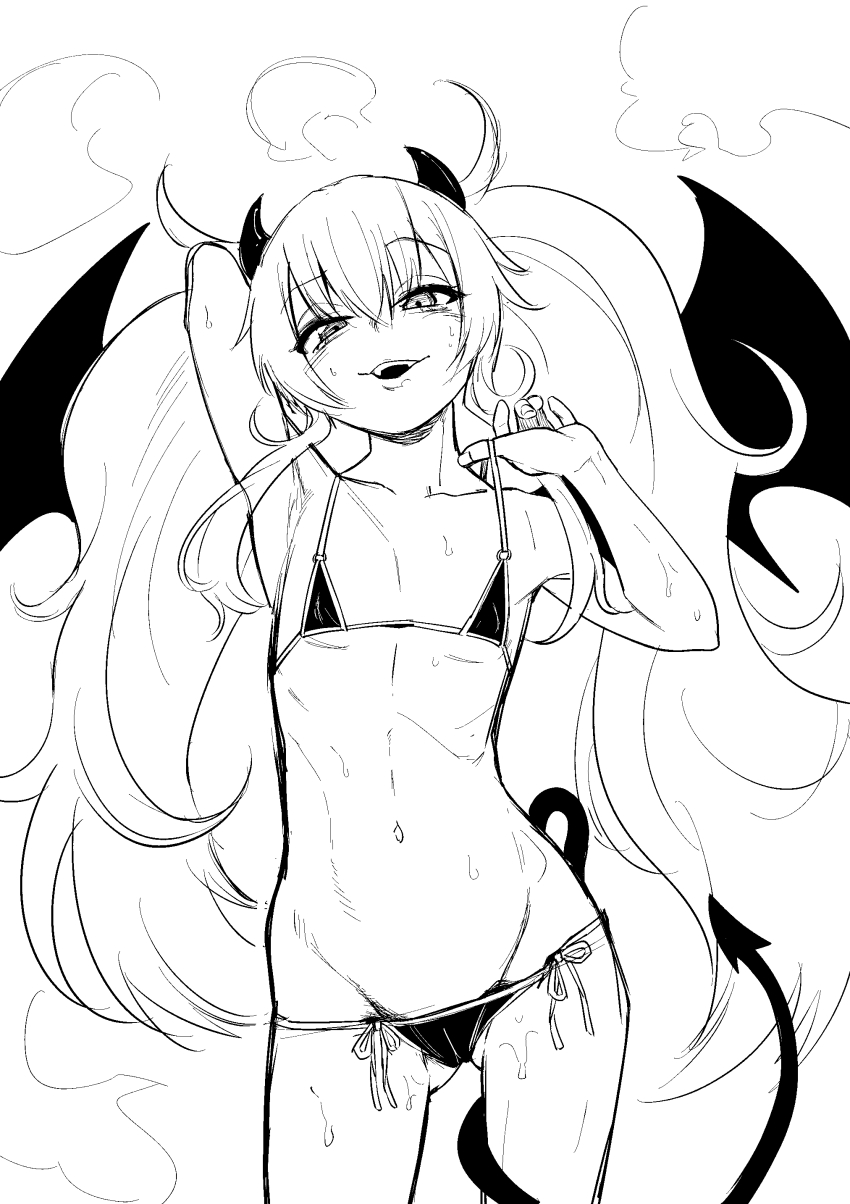 1girl absurdres bikini bombergirl commentary_request demon_girl demon_horns demon_tail demon_wings greyscale grim_aloe gujira highres horns long_hair looking_at_viewer micro_bikini monochrome navel quiz_magic_academy ribs side-tie_bikini_bottom sketch smile smug solo swimsuit tail very_long_hair wings
