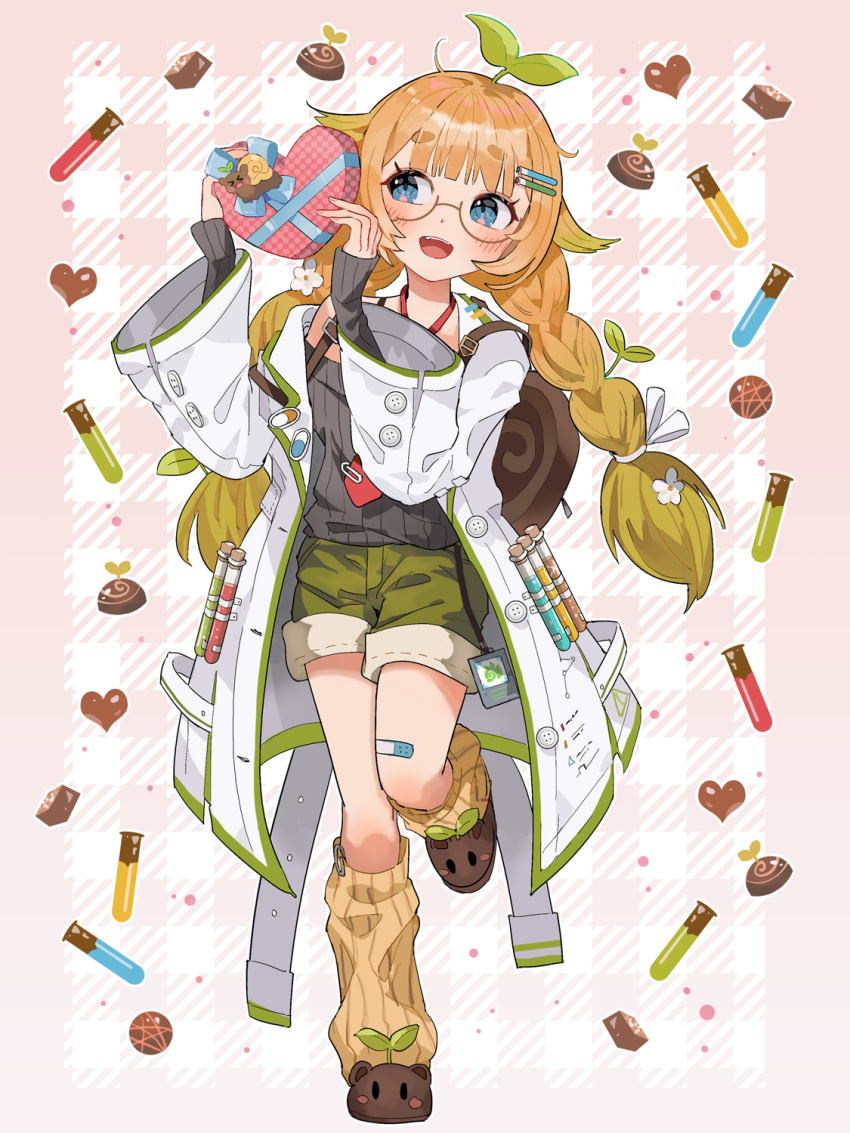 artist_request blonde_hair blue_eyes braid coat commission glasses gradient_hair green_hair hair_ornament hairclip highres lab_coat lemi_lichen multicolored_hair necktie open_clothes open_coat open_mouth red_necktie shirt skeb_commission smile sprout_on_head stellarversepro virtual_youtuber