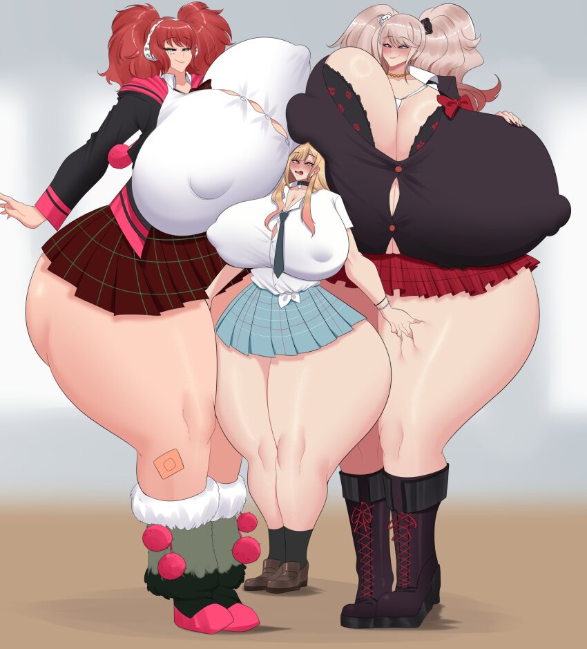 3girls asymmetrical_docking between_breasts blonde_hair blush breast_press breasts bursting_breasts cleavage covered_erect_nipples curvy danganronpa_(series) enoshima_junko female_focus full_body gigantic_breasts height_difference highres kitagawa_marin kyokugen_dasshutsu long_hair looking_at_another miniskirt multiple_girls necktie nyabeyo pink_hair red_eyes red_hair skirt sono_bisque_doll_wa_koi_wo_suru straining_buttons tall_female thick_thighs thighs twintails wide_hips yotsuba_(kyokugen_dasshutsu)