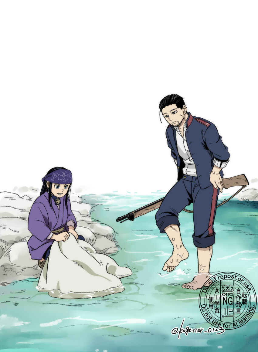 1boy 1girl ainu_clothes asirpa barefoot black_eyes black_hair blue_eyes blue_headband commentary_request earrings facial_hair facial_scar goatee golden_kamuy gun hair_slicked_back headband highres holding holding_gun holding_weapon hoop_earrings jacket jewelry military_uniform moonlight_0423 ogata_hyakunosuke open_clothes open_jacket pants pants_rolled_up rifle river scar scar_on_cheek scar_on_face sidelocks sleeves_rolled_up soaking_feet squatting washing_clothes watermark weapon