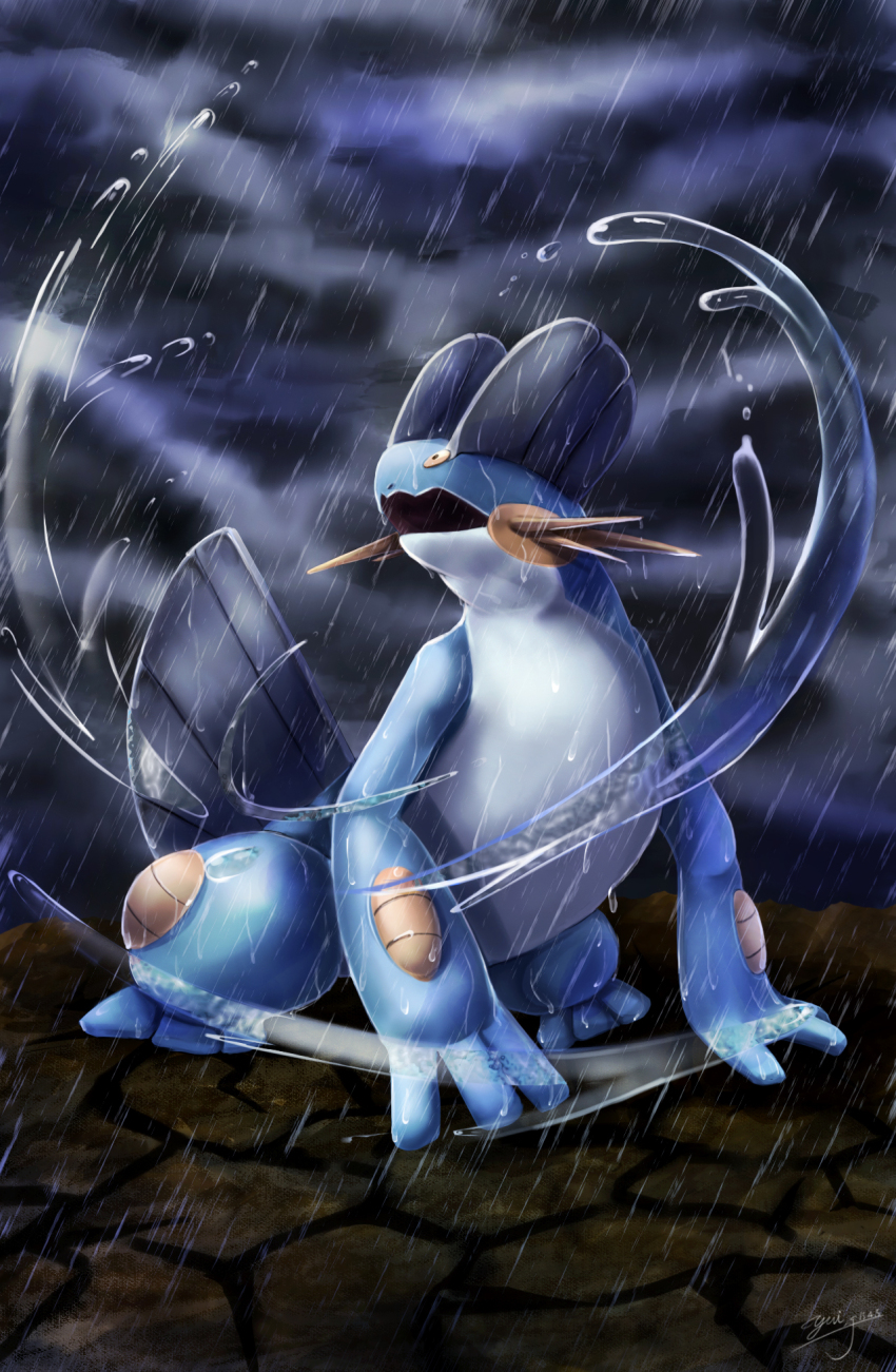 artist_name cloud cloudy_sky full_body gen_3_pokemon highres nintendo no_humans open_mouth pokemon pokemon_(creature) pokemon_focus rain rock sky solo swampert water wet yuitsuki1206