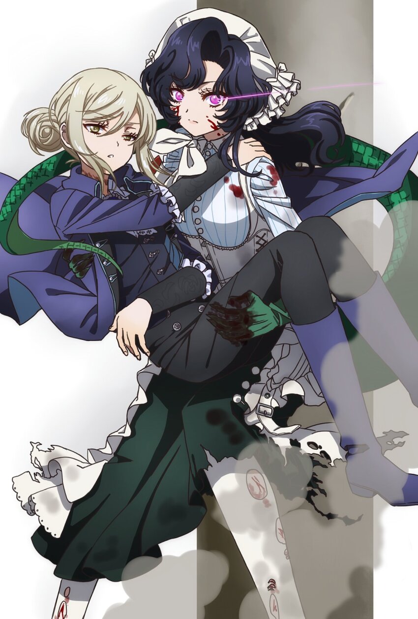 2girls anjo_nala black_hair blood blood_on_clothes blood_on_face blood_on_hands carrying glowing glowing_eyes grey_hair highres long_hair looking_at_viewer medium_hair multiple_girls no_headwear oiun princess_carry reverse:1999 scar scar_on_neck torn_clothes vertin_(reverse:1999)