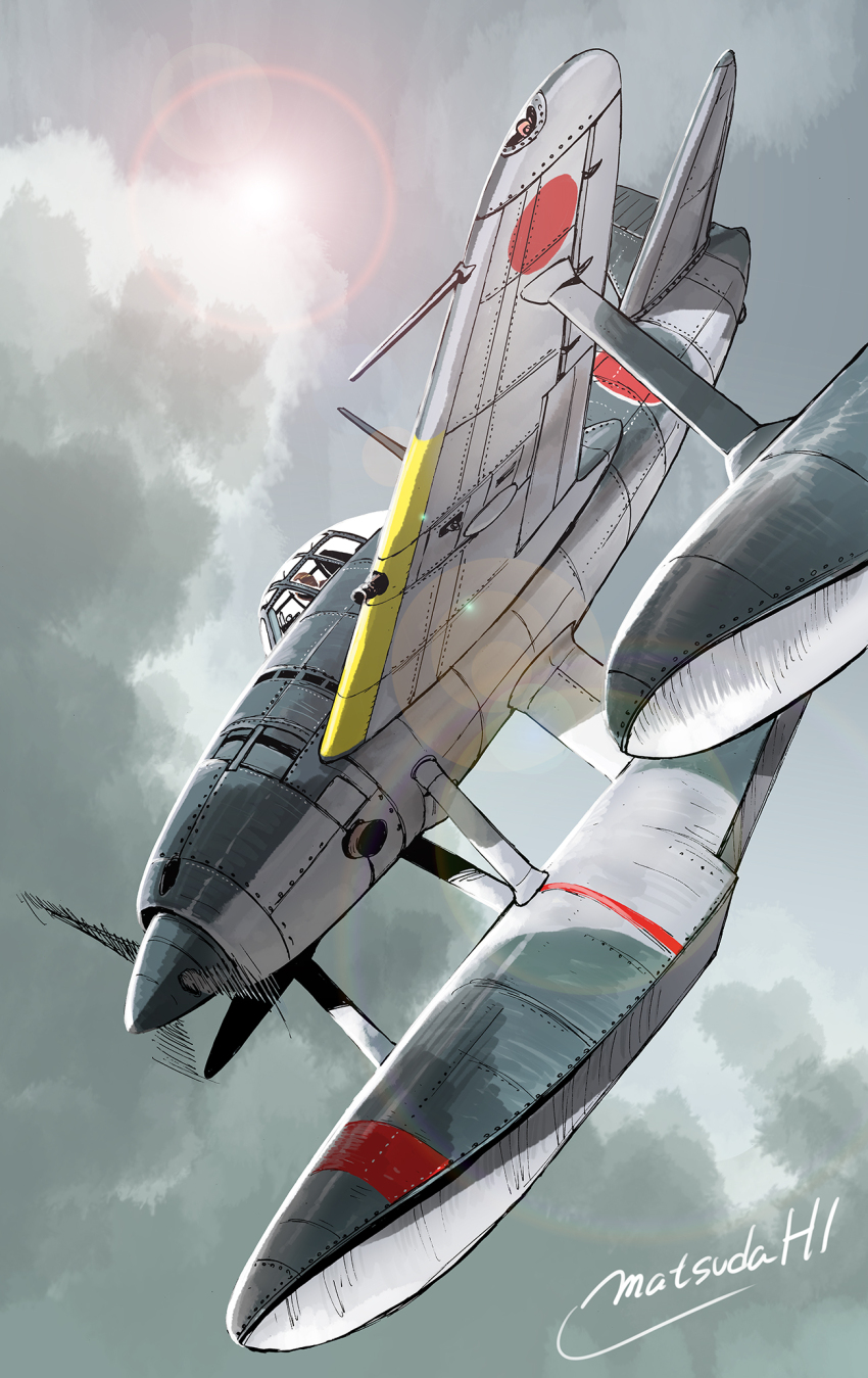 aircraft airplane cloud commentary fighter_jet floatplane flying highres imperial_japanese_navy lens_flare matsuda_juukou military military_vehicle n1k no_humans original pontoon propeller_fighter seaplane signature vehicle_focus