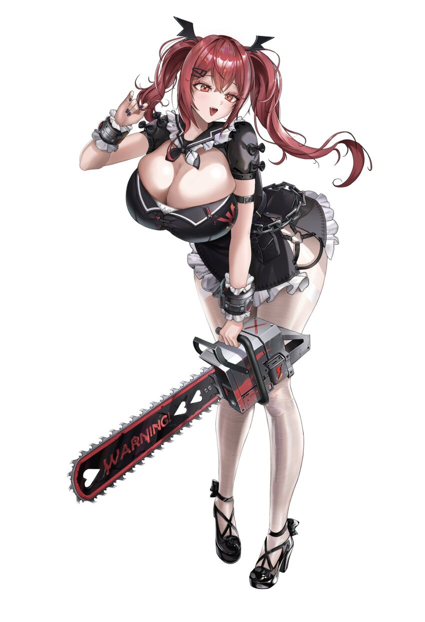 1girl black_dress black_shoes breasts chainsaw chowol cleavage dress full_body hand_up high_heels highres holding large_breasts long_hair looking_at_viewer nail_polish open_mouth original red_eyes red_hair shoes short_sleeves side_slit simple_background skindentation smile solo thighhighs tongue tongue_out twintails white_background wrist_cuffs
