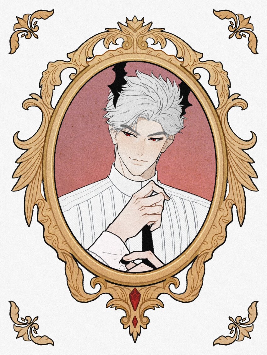 1boy black_horns closed_mouth dragon_boy dragon_horns fingernails gfmldjszt highres horns lips long_sleeves looking_to_the_side love_and_deepspace male_focus parted_bangs picture_frame red_eyes short_hair smile solo sylus_(abyssal_sovereign)_(love_and_deepspace) sylus_(love_and_deepspace) upper_body white_hair