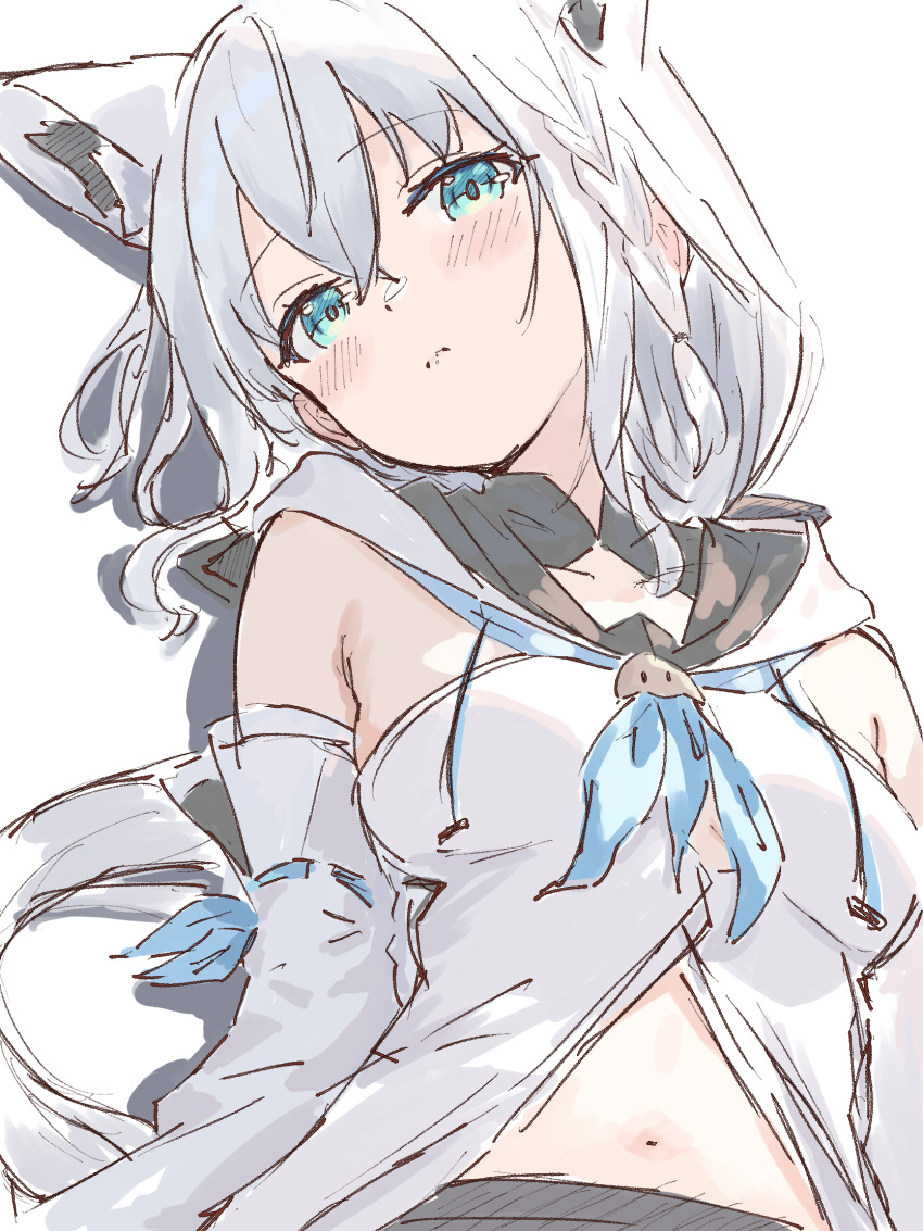 1girl animal_ears black_shorts blue_eyes blue_neckerchief blush closed_mouth daimyojin_t fox_ears fox_girl highres hololive hood hoodie long_hair neckerchief ponytail shirakami_fubuki shirakami_fubuki_(1st_costume) shorts solo virtual_youtuber white_hair white_hoodie
