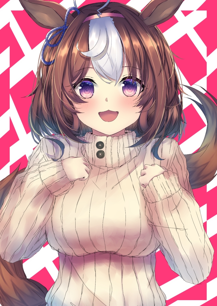1girl :3 @_@ ahoge animal_ears blush bow breasts brown_hair commentary ear_ribbon hair_between_eyes hairband highres horse_ears horse_girl horse_tail karappo_(poket12) medium_breasts meisho_doto_(umamusume) multicolored_hair open_mouth pink_hairband purple_eyes purple_ribbon ribbed_sweater ribbon short_hair smile solo streaked_hair striped_background sweater tail turtleneck turtleneck_sweater umamusume upper_body white_hair