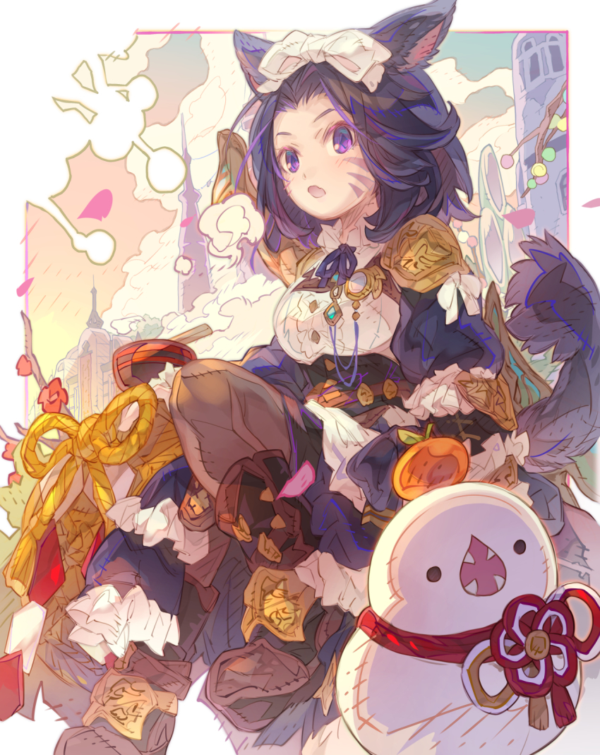 1girl animal_ears black_hair blush boots bow breasts brown_boots brown_pantyhose cat_ears cat_girl cat_tail commentary_request facial_mark final_fantasy final_fantasy_xiv food forehead fruit hair_bow haku_(sabosoda) highres kagami_mochi mandarin_orange medium_breasts miqo&#039;te open_mouth pantyhose parted_bangs puffy_short_sleeves puffy_sleeves purple_eyes sharp_teeth shirt short_sleeves skirt solid_circle_eyes solo tail teeth whisker_markings white_bow white_shirt white_skirt