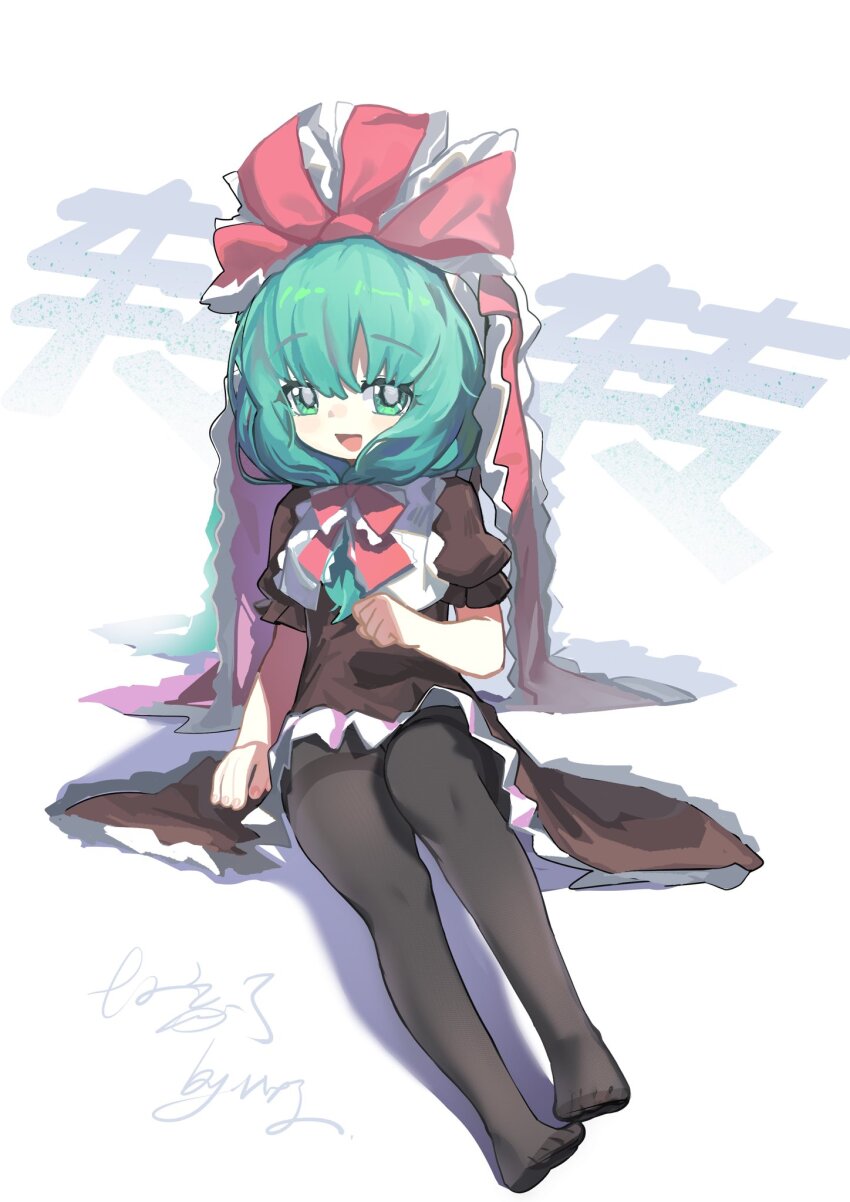 1girl black_pantyhose bow brown_dress dress frilled_dress frills full_body green_eyes green_hair highres hxj_(2324184595) kagiyama_hina no_shoes pantyhose red_bow red_ribbon ribbon solo touhou