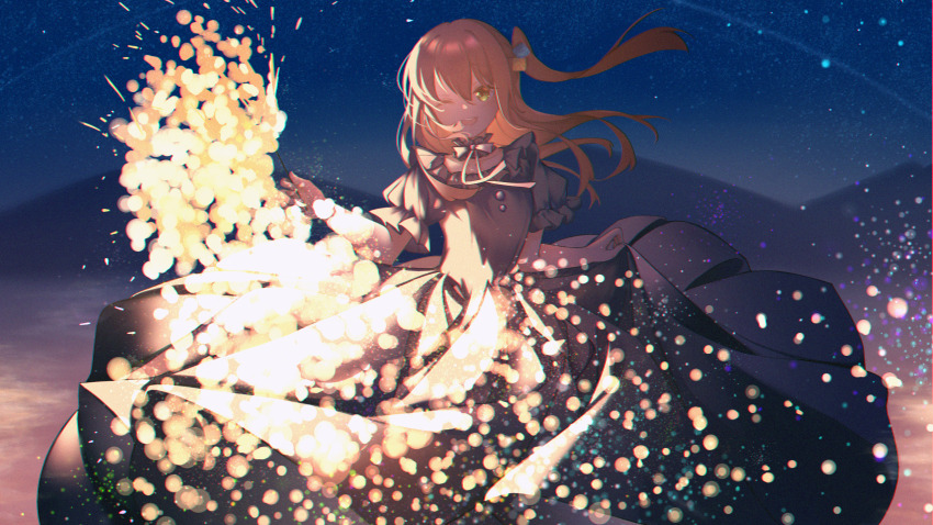 1girl alternate_costume blue_choker blue_dress bocchi_the_rock! bow choker cube_hair_ornament dress fire fireworks hair_between_eyes hair_ornament hazy_(artist) highres holding holding_fireworks kita_ikuyo looking_at_viewer night night_sky official_alternate_costume one_eye_closed one_side_up open_mouth red_hair ribbon skirt sky smile solo solo_focus sparkler star_(sky) yellow_eyes