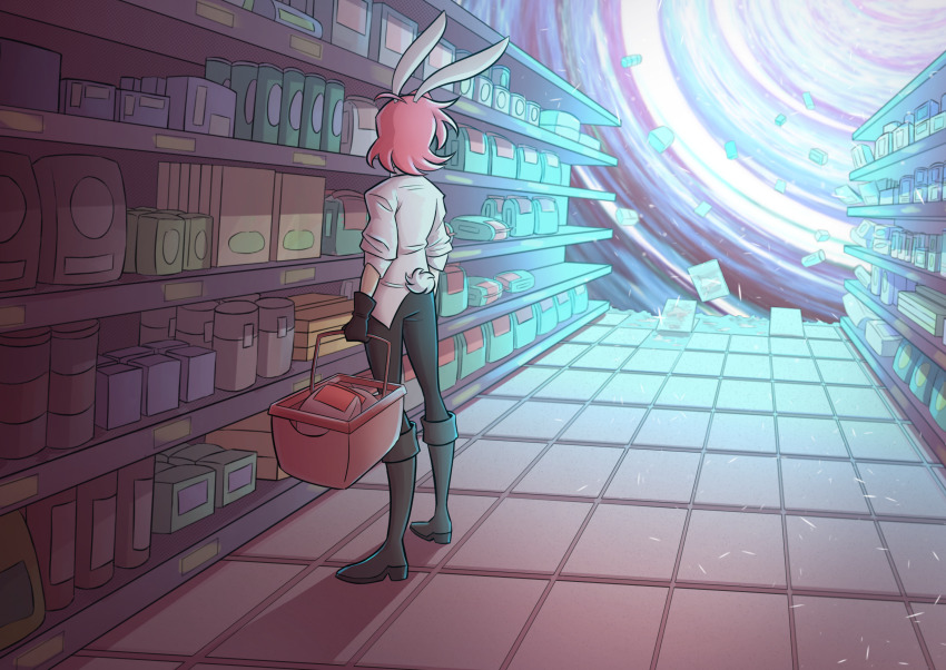 1girl animal_ears black_gloves black_pants boots gloves high_heel_boots high_heels highres looking_back mall original pants pink_hair pointy_hair rabbit_ears rabbit_tail scotchmints shirt shopping_basket short_hair supermarket tail three-quarter_sleeves vortex white_shirt