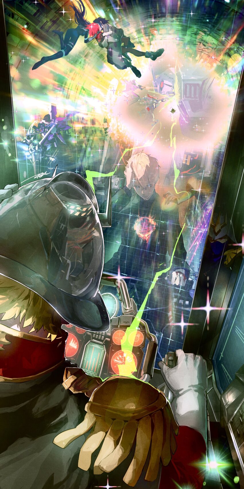2boys 3girls absurdres amate_yuzuriha black_shirt blonde_hair blood_on_gloves blue_eyes blue_hair char_aznable cockpit commentary_request crying epaulettes eye_mask gfred gloves gquuuuuux green_jacket gundam gundam_gquuuuuux helmet highres jacket kycilia_zabi long_hair long_sleeves mask mecha_pilot_suit mecha_request midair military_jacket military_uniform mouth_mask multiple_boys multiple_girls nyaan_(gundam_gquuuuuux) ossan_zabi_190 pants purple_hair red_eyes red_hair red_jacket reflection rx-78-2_gundam shirouzu_(gundam) shirt short_hair shuji_ito sitting turtleneck zeknova