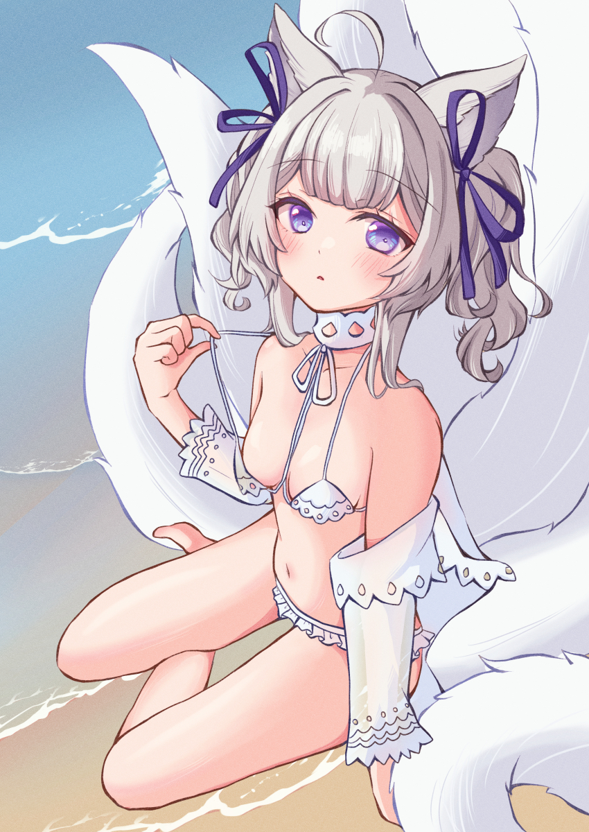 absurdres animal_ears azur_lane beach bikini breasts choker commission fox_ears fox_girl fox_tail grey_hair hair_ribbon highres kitsune kyuubi lace lace-trimmed_bikini lace-trimmed_choker lace_trim looking_at_viewer multiple_tails ocean pixiv_commission ribbon shinano-chan_(azur_lane) small_breasts swimsuit tail thighs twintails white_bikini white_choker yuccapic