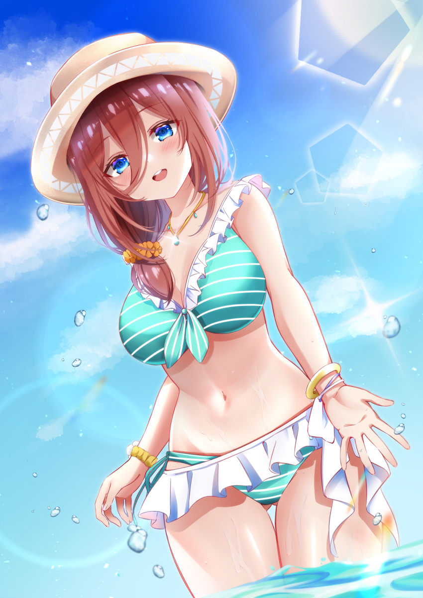 absurdres bikini blue_eyes breasts brown_hair go-toubun_no_hanayome hair_between_eyes hanakuma_mano hat highres looking_at_viewer nakano_miku ocean open_mouth smile solo swimsuit water