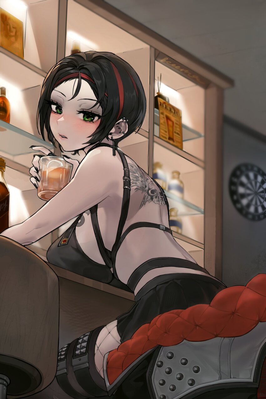 1girl alcohol back back_tattoo bar_(place) bar_stool black_eyeshadow black_hair black_nails breast_rest breasts commentary_request counter crow_(nikke) cup dartboard drinking_glass ear_piercing eyeshadow fishnet_pantyhose fishnets from_below from_side goddess_of_victory:_nikke green_eyes highres holding holding_cup large_breasts liquor looking_at_viewer makeup multicolored_hair nail_polish oung69 pantyhose piercing shelf short_hair sideboob sitting solo stool streaked_hair studded_thigh_strap tattoo thigh_strap thighhighs