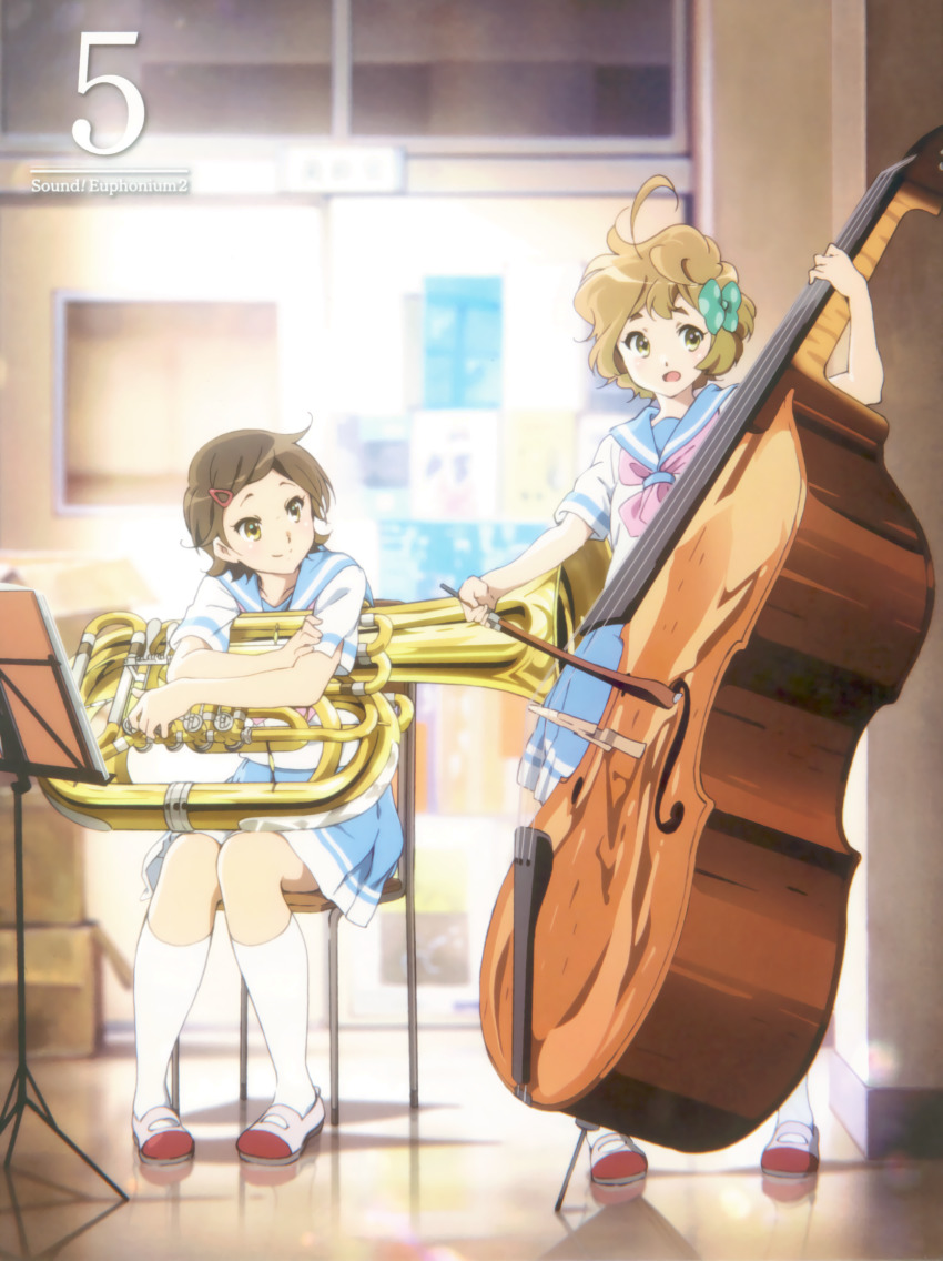 2girls album_cover arm_up blonde_hair blue_sailor_collar blue_skirt blush bow bow_(music) brown_eyes brown_hair chair closed_mouth cover double_bass green_bow green_eyes hair_bow hair_ornament hairclip hibike!_euphonium highres ikeda_shouko indoors instrument katou_hazuki kawashima_sapphire kitauji_high_school_uniform looking_at_another looking_at_viewer multiple_girls music music_stand neckerchief official_art open_mouth pink_neckerchief playing_instrument pleated_skirt polka_dot sailor_collar school_uniform serafuku shirt shoes short_hair short_sleeves sitting skirt smile socks standing tuba uwabaki white_footwear white_shirt white_socks