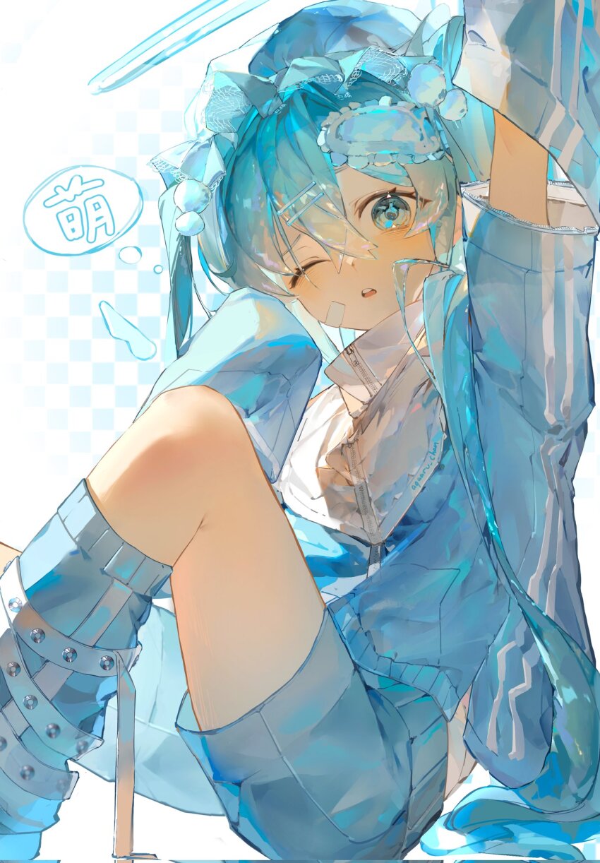 1girl agaaru_chan bandaid bandaid_on_cheek bandaid_on_face blue_eyes blue_hair blue_leg_warmers blue_shorts blue_theme blush crossed_bangs eyelashes hair_between_eyes hair_ornament hairclip hairpin hatsune_miku highres leg_up leg_warmers long_sleeves looking_at_viewer one_eye_closed parted_lips shorts sidelocks sitting solo teeth tenshi_kaiwai tongue upper_teeth_only vocaloid zipper zipper_pull_tab