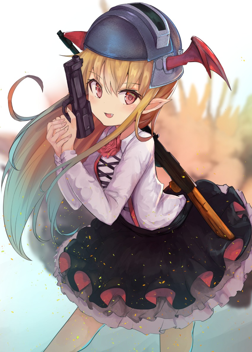 1girl :d ak-47 assault_rifle bad_id bad_pixiv_id bat_wings black_skirt blonde_hair blush collared_shirt commentary_request fang female_focus flower granblue_fantasy gun hair_between_eyes handgun head_wings highres holding holding_gun holding_weapon kalashnikov_rifle long_hair long_sleeves looking_at_viewer marisayaka mask mask_on_head open_mouth pistol playerunknown&#039;s_battlegrounds pointy_ears red_eyes red_flower red_rose red_wings rifle rose shingeki_no_bahamut shirt skirt smile solo v-shaped_eyebrows vampy very_long_hair weapon weapon_on_back weapon_request welding_mask white_background white_shirt wings