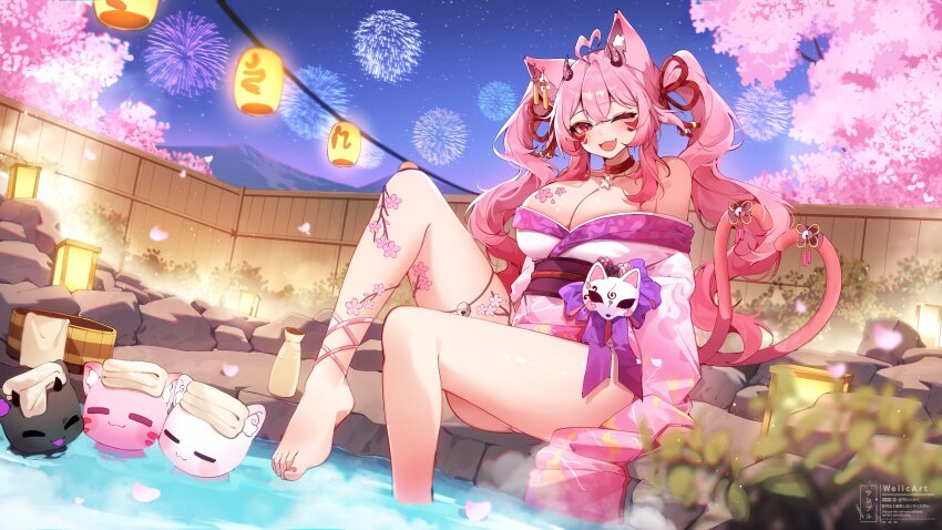 1girl absurdres aerial_fireworks ahoge animal_ear_fluff animal_ears aria_chibi artist_name barefoot bell bottle breasts cat_ears cat_girl cat_tail cherry_blossoms cleavage collarbone commission demon_horns earrings fang fence fireworks fox_mask gradient_clothes gradient_kimono heart heart_ahoge highres horns indie_virtual_youtuber japanese_clothes jewelry kimono large_breasts mask multiple_tails obi obijime one_eye_closed onsen open_mouth pink_eyes pink_hair pink_kimono sake_bottle sash short_kimono slit_pupils smile tail tail_bell tail_ornament tassel tassel_earrings towel towel_on_head twitter_username virtual_youtuber weiic white_kimono