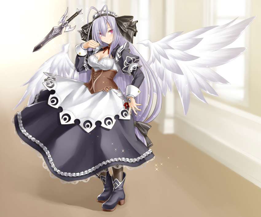 1girl ankle_boots antenna_hair apron black_boots black_legwear blush boots breasts cleavage collar corset emil_chronicle_online feathered_wings female_focus floating_object floating_sword floating_weapon full_body gem hair_over_one_eye hair_ribbon highres juliet_sleeves kasuga_yukihito light_purple_hair long_hair long_sleeves looking_at_viewer low-tied_long_hair maid maid_apron maid_headdress medium_breasts pink_eyes puffy_sleeves ribbon short_sword smile solo sword very_long_hair weapon white_wings wings wrist_cuffs