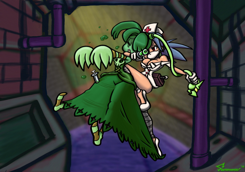 2girls alex_ahad_(style) ankle_wrap artist_name bare_shoulders blue_hair blue_skin breasts cleavage colored_skin detached_sleeves dress female_focus flats highres large_breasts leviathan_(skullgirls) long_dress mask mouth_mask multiple_girls nurse outstretched_arms parasite poison red_eyes sadism screaming short_dress skullgirls southpawper squigly_(skullgirls) stitched_mouth stitches strangling striped_legwear surgical_mask symbol-shaped_pupils syringe valentine_(skullgirls) zombie