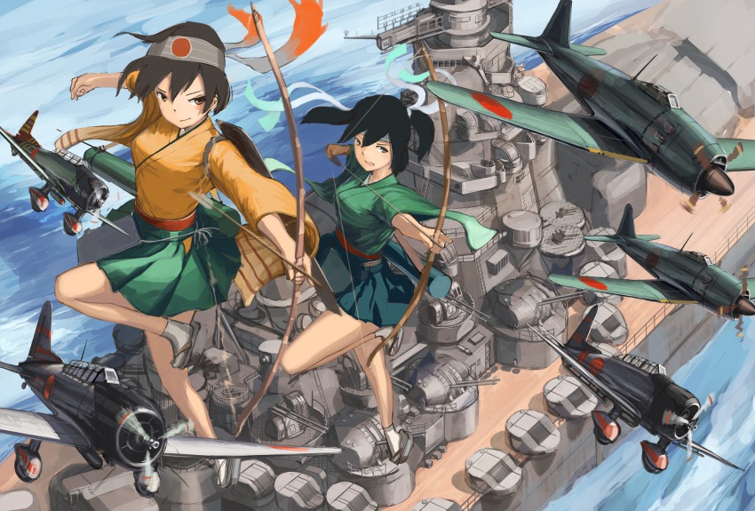 10s 2girls aircraft airplane arrow_(projectile) bomber bow bow_(weapon) brown_eyes brown_hair control_tower dive_bomber doraxi drawing_bow geta green_eyes headband highres hiryuu_(kancolle) holding holding_bow_(weapon) holding_weapon japanese_clothes kantai_collection military military_vehicle multiple_girls propeller_fighter quiver ship ship_turret short_hair smile souryuu_(kancolle) tabi torpedo_bomber warship watercraft weapon wide_sleeves