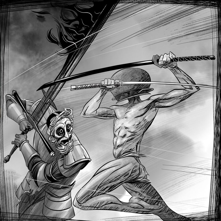 2boys abs armor asymmetrical_dual_wielding battle breastplate chosen_undead dark_souls_(series) dark_souls_i dual_wielding elden_ring fire flaming_sword flaming_weapon fundoshi giantdad_(armor_combination) highres holding holding_sword holding_weapon japanese_clothes katana let_me_solo_her male_focus mask mask_of_the_father masked motion_lines multiple_boys muscular muscular_male open_mouth pauldrons pot_on_head sethklock shoulder_armor sword tarnished_(elden_ring) topless_male weapon zweihander