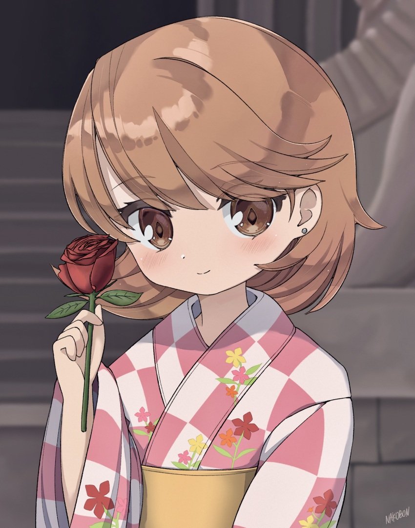 1girl absurdres blurry blurry_background blush brown_eyes brown_hair checkered_clothes checkered_kimono closed_mouth earrings flipped_hair floral_print floral_print_kimono flower highres holding holding_flower japanese_clothes jewelry kimono looking_at_viewer medium_hair mellowpeko official_alternate_costume persona persona_3 pink_kimono print_kimono red_flower red_rose rose sash signature smile solo stud_earrings takeba_yukari two-tone_kimono upper_body white_kimono wide_sleeves yellow_sash