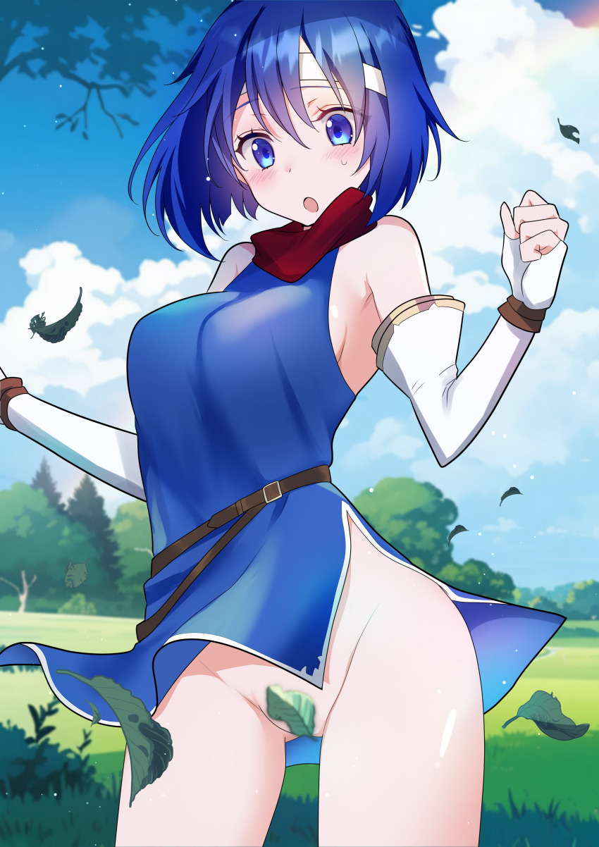 1girl absurdres armpit_crease azusa_(azchemist63) bare_shoulders blue_dress blue_eyes blue_hair blue_sky blush bottomless breasts catria_(fire_emblem) cloud commission convenient_censoring detached_sleeves dress field fire_emblem fire_emblem:_mystery_of_the_emblem gluteal_fold groin headband highres leaf medium_breasts nintendo no_panties open_mouth outdoors pixiv_commission short_dress short_hair sky sleeveless sleeveless_dress solo sweatdrop white_headband
