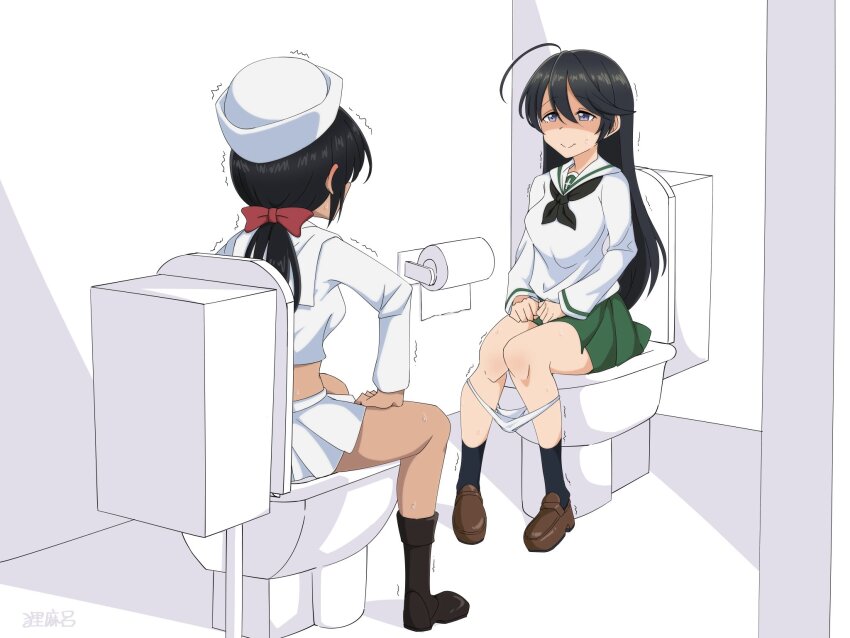 2girls bathroom black_hair black_sailor_collar boots dark-skinned_female dark_skin dodo_inu embarrassed girls_und_panzer green_skirt hat highres indoors isuzu_hana long_hair looking_at_another multiple_girls ogin_(girls_und_panzer) on_toilet ooarai_naval_school_uniform ooarai_school_uniform panties sailor_collar school_uniform shaded_face shirt shoes sitting skirt smile toilet toilet_paper toilet_use underwear white_panties white_shirt white_skirt