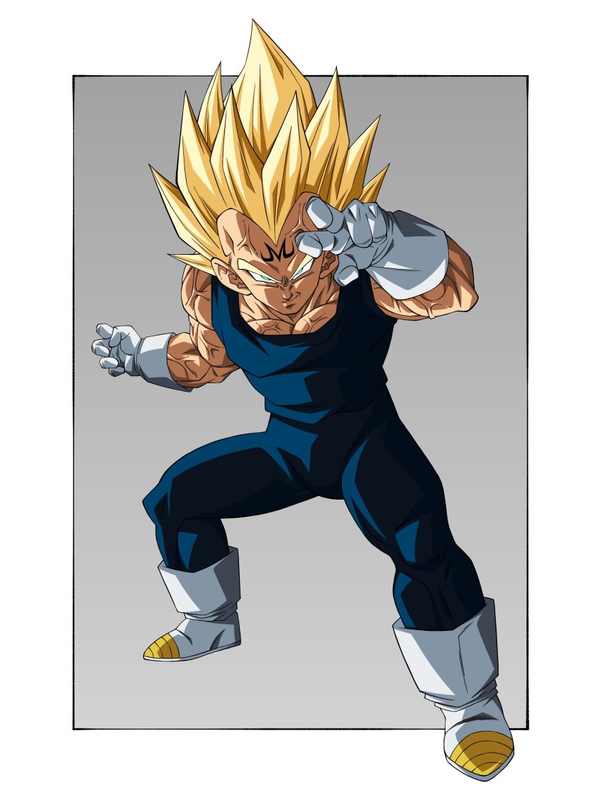 1boy absurdres artjohnny1020 blonde_hair blue_bodysuit bodysuit boots border dragon_ball dragonball_z facial_mark fighting_stance forehead_mark full_body gloves grey_background highres majin_vegeta male_focus muscular muscular_male simple_background solo spiked_hair super_saiyan super_saiyan_2 vegeta veins white_boots white_border white_gloves