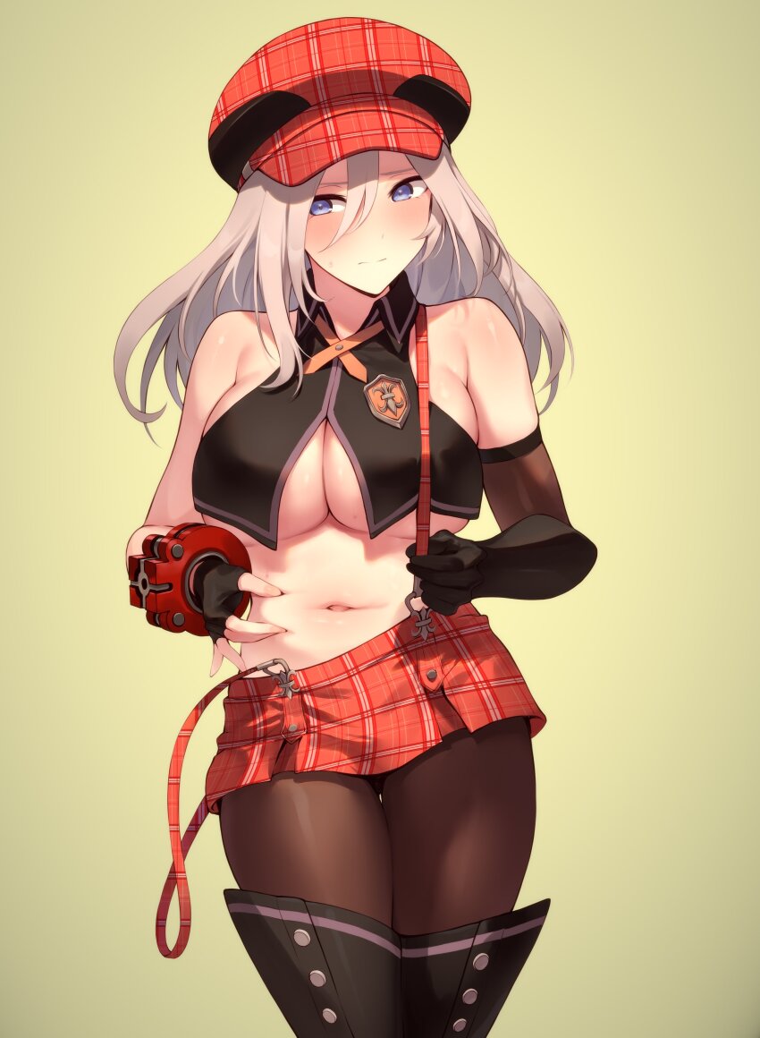 1girl absurdres alisa_ilinichina_amiella armlet bare_shoulders blue_eyes blush boots breasts newsboy_cap crop_top elbow_gloves fingerless_gloves gloves god_eater god_eater_burst grey_hair hat highres jewelry large_breasts long_hair looking_at_viewer midriff momihige navel pantyhose pinching_belly plaid_clothes plaid_hat plaid_skirt single_elbow_glove skirt solo suspender_skirt suspenders suspenders_slip sweat thigh_boots underboob