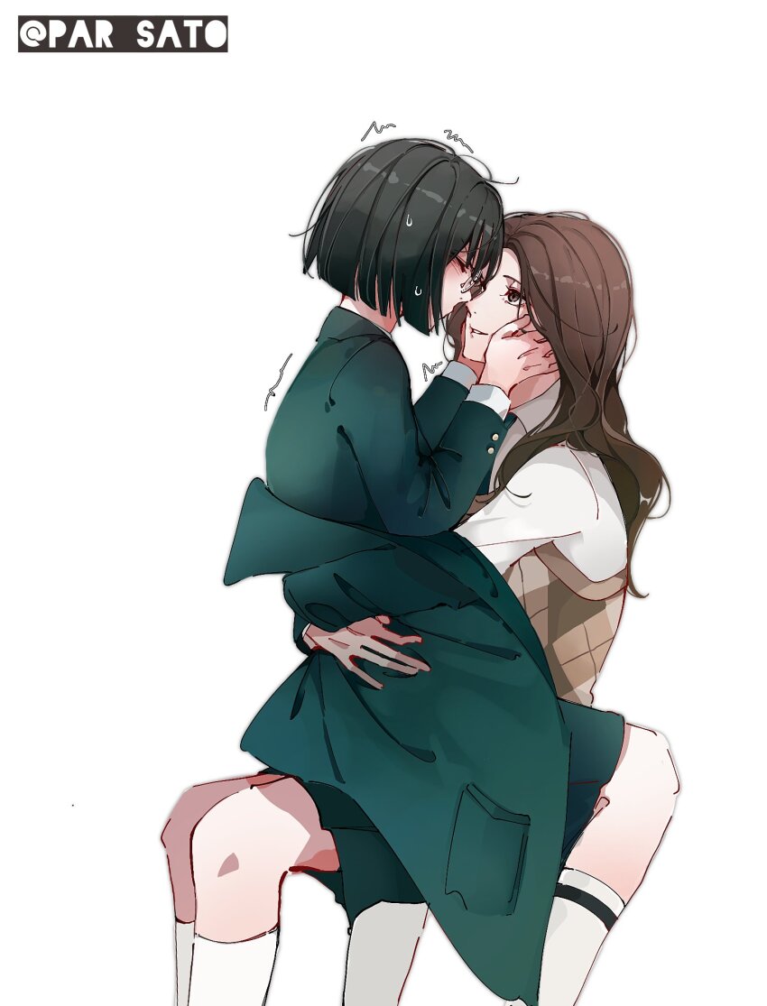 2girls black_hair brown_eyes brown_hair brown_sweater_vest choi_kyung closed_eyes collared_shirt commentary friendly_rivalry glasses green_jacket green_skirt hands_on_another&#039;s_cheeks hands_on_another&#039;s_face highres jacket joo_ye-ri kneehighs long_sleeves multiple_girls par_sato parted_lips plaid_clothes plaid_sweater_vest shirt short_hair simple_background sitting sitting_on_lap sitting_on_person skirt smile socks sweater_vest white_background white_shirt white_socks yuri