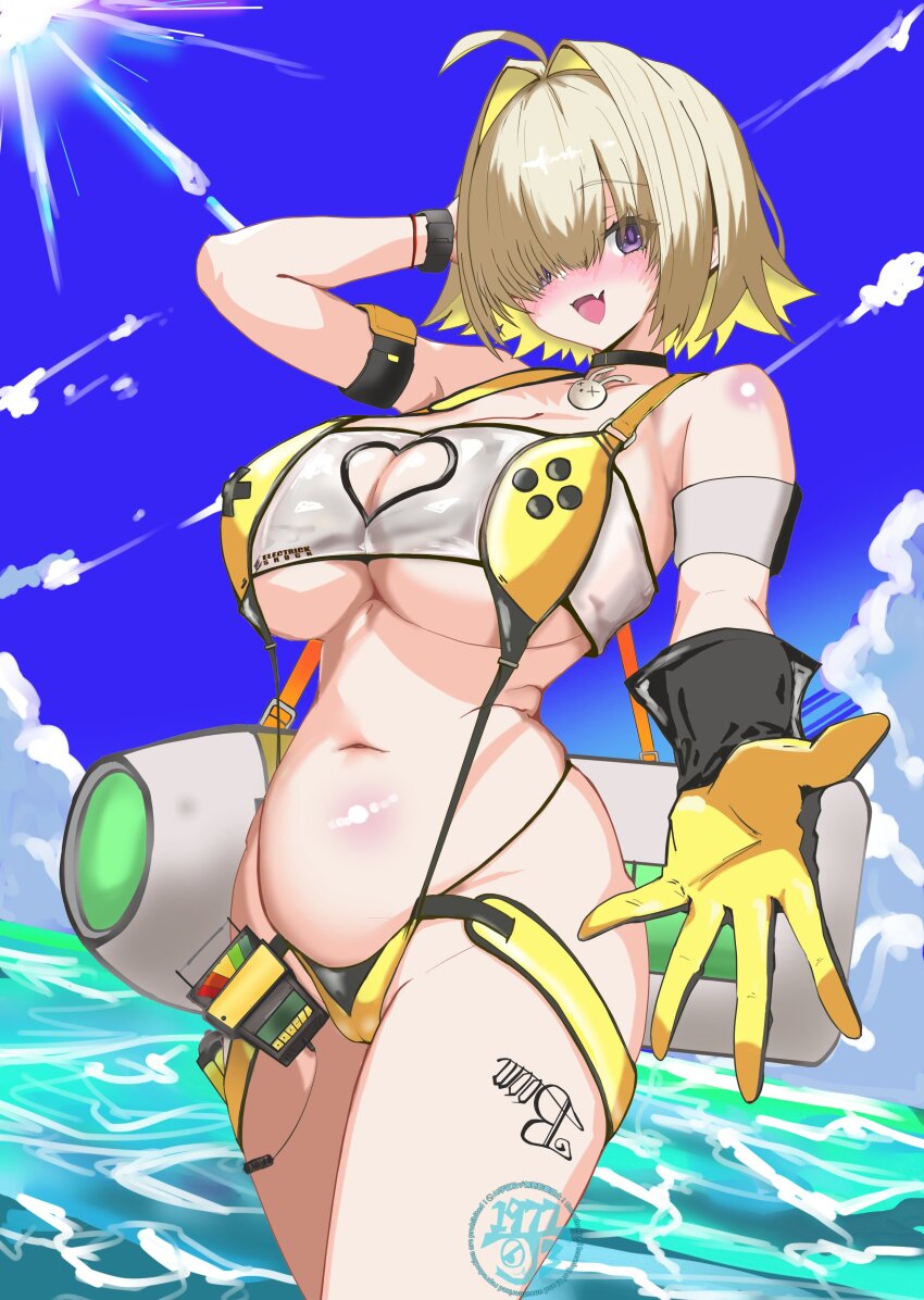 1977_oj3 1girl absurdres ahoge blonde_hair blush breasts clothing_cutout day elegg_(boom_and_shock)_(nikke) elegg_(nikke) fang gloves goddess_of_victory:_nikke hair_intakes hair_over_eyes heart_cutout highres large_breasts leg_tattoo long_bangs looking_at_viewer multicolored_gloves multicolored_hair navel open_mouth outdoors purple_eyes rabbit_ornament see-through_slingshot_swimsuit short_hair skindentation slingshot_swimsuit smile solo standing swimsuit tattoo thigh_strap thighs two-sided_gloves two-tone_hair underboob water yellow_slingshot_swimsuit