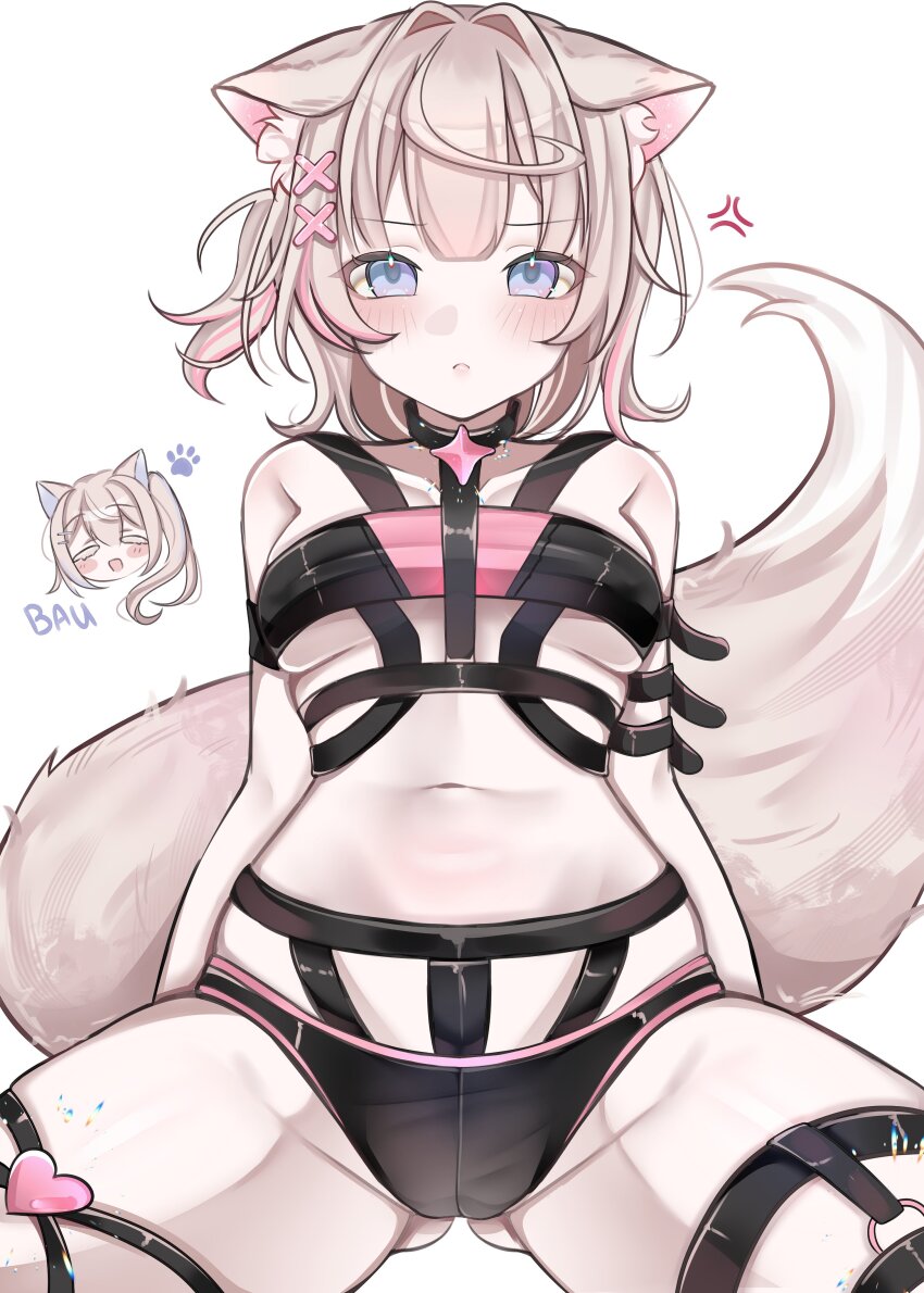 1girl 2girls absurdres anger_vein animal_ears bikini black_bikini blonde_hair blue_eyes breasts chibi dog_ears dog_girl dog_tail fuwawa_abyssgard gluteal_fold hair_ornament heart highres hololive hololive_english mococo_abyssgard multiple_girls one_side_up pink_streaks rosheil siblings simple_background sisters small_breasts solo spread_legs swimsuit tail twins virtual_youtuber white_background x_hair_ornament