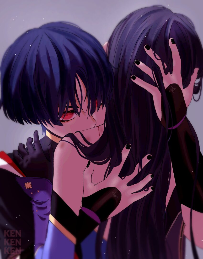 1boy 1girl alternate_eye_color alternate_hairstyle alternate_species armor artist_name bare_shoulders bite_mark bite_mark_on_shoulder biting_shoulder black_bodysuit black_gloves black_hair black_kimono black_nails black_sleeves blood_on_shoulder blue_leotard blue_sleeves blunt_ends blurry bodysuit depth_of_field detached_sleeves elbow_gloves genshin_impact gloves gold gold_trim grey_background hair_down hair_over_one_eye han&#039;eri hand_in_another&#039;s_hair hand_on_another&#039;s_back hand_on_another&#039;s_head head_on_another&#039;s_shoulder hetero highres japanese_armor japanese_clothes jewelry kimono kote kurokote layered_kimono leotard lower_eyelashes_only mona_(genshin_impact) moriko_ken11 neck_ring open_clothes open_hands open_kimono purple_hair purple_sleeves red_eyes red_kimono scaramouche_(genshin_impact) short_sleeves strapless strapless_leotard tsurime two-tone_sleeves vampire white_kimono
