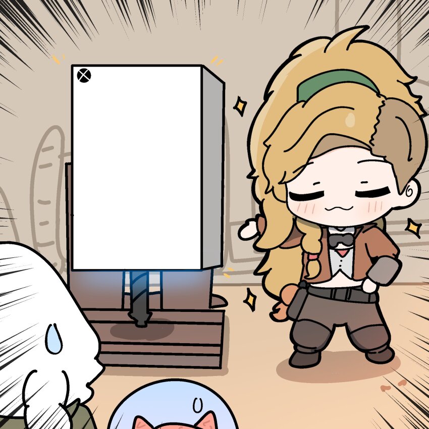 asymmetrical_hair belt blacksmith blonde_hair blue_eyes braid cropped_jacket felyne gemma_(monster_hunter_wilds) goggles goggles_around_neck highres jacket leather_belt long_hair monster_hunter_(character) monster_hunter_(series) monster_hunter_wilds nepnepping open_clothes ponytail side_braid tools xbox_series_x