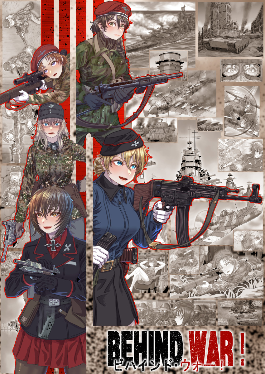 ! 2others 6+girls absurdres aiming aircraft airplane arms_behind_head army assault_rifle bare_arms battle battleship belt belt_buckle belt_pouch beret bilingual_text black_belt black_gloves black_headwear black_jacket black_skirt blonde_hair blue_eyes blue_jacket blush bolt_action braid brown_eyes brown_hair buckle building camouflage camouflage_jacket casing_ejection caterpillar_tracks character_request close-up closed_mouth cocking_gun collared_jacket collared_shirt combat_helmet couch cowboy_shot cross darjeeling_(girls_und_panzer) destruction drawing_(object) english_text explosion eye_focus eyelashes firing flying from_above garrison_cap gas_mask girls_und_panzer gloves goggles green_jacket grey_gloves grey_hair grey_headwear grey_pants grey_shirt gun gun_sling hair_between_eyes handgun hat hat_ornament helmet highres holding holding_gun holding_magazine_(weapon) holding_weapon holstered hood hood_down hooded_jacket indoors iron_cross itsumi_erika jacket lapels lee-enfield legs long_bangs long_hair long_sleeves looking_at_viewer looking_away looking_to_the_side looking_up luger_p08 lying m1911 m1_abrams m43_field_cap m4_sherman machine_gun magazine_(weapon) mask medium_hair military military_combat_uniform military_hat military_jacket military_truck military_uniform military_vehicle missile mixed-language_text motor_vehicle mp40 multiple_girls multiple_monochrome multiple_others nishizumi_maho notched_lapels ocean on_chair on_stomach one_side_up open_mouth orange_pekoe_(girls_und_panzer) outdoors pants pleated_skirt pocket pouch propeller propeller_fighter pump_action purple_eyes reclining red_shirt red_skirt red_stripes red_trim relaxing rifle rocket_launcher rukuriri_(girls_und_panzer) scope shell_casing ship shirt short_hair short_shorts shorts shotgun single_braid sitting skirt sky sleeveless sleeveless_shirt smoke sniper_rifle soldier sten_gun stg44 submachine_gun tank thompson_submachine_gun tigern_(tigern28502735) trigger_discipline truck turret under_fire upper_body vehicle_focus vehicle_request walther walther_p38 warship watercraft weapon white_gloves winchester_model_1897 world_war_ii yellow_eyes