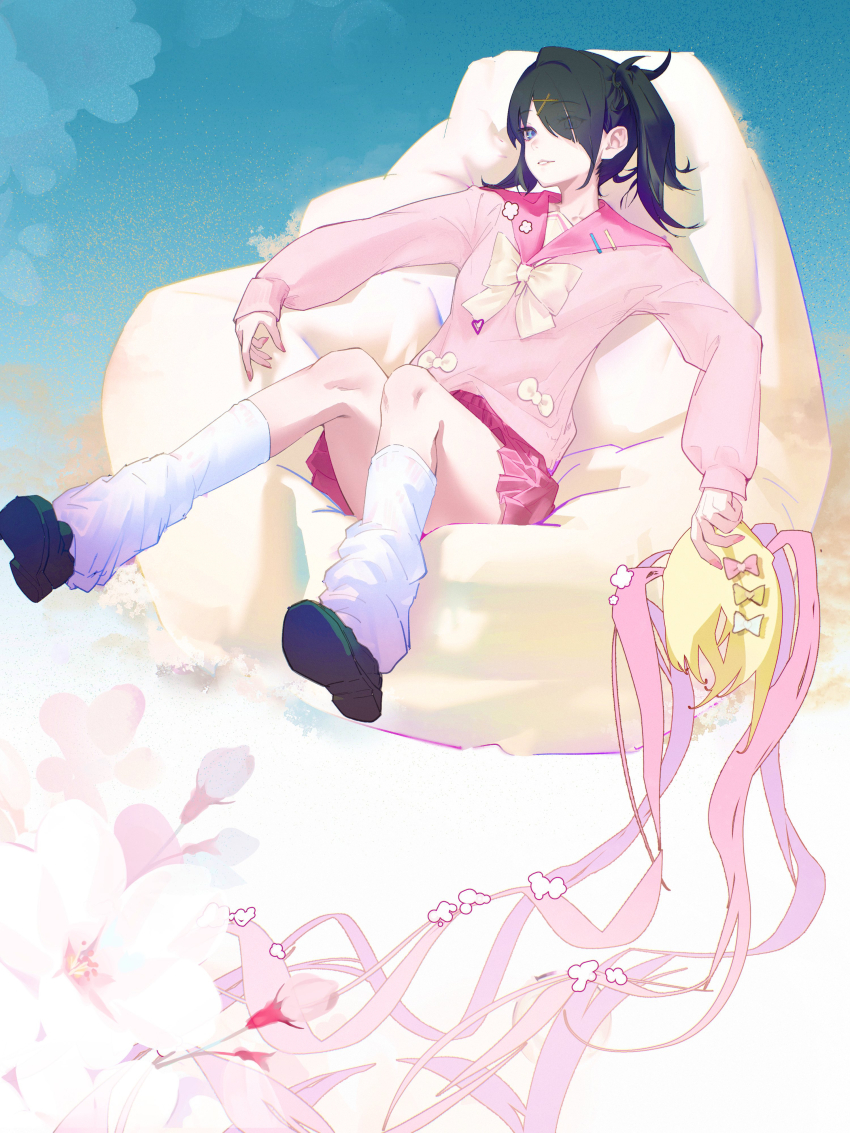 1girl absurdres ame-chan_(needy_girl_overdose) bean_bag_chair black_hair black_shoes blonde_hair blue_eyes blue_hair blue_sky bow chest_bow chouzetsusaikawa_tenshi-chan dual_persona full_body hair_bow hair_over_one_eye highres holding_wig ivdimension leaning_back leg_warmers multiple_hair_bows needy_girl_overdose on_chair open_mouth outdoors pink_hair pink_serafuku quad_tails school_uniform serafuku shoes short_twintails sitting sky solo twintails