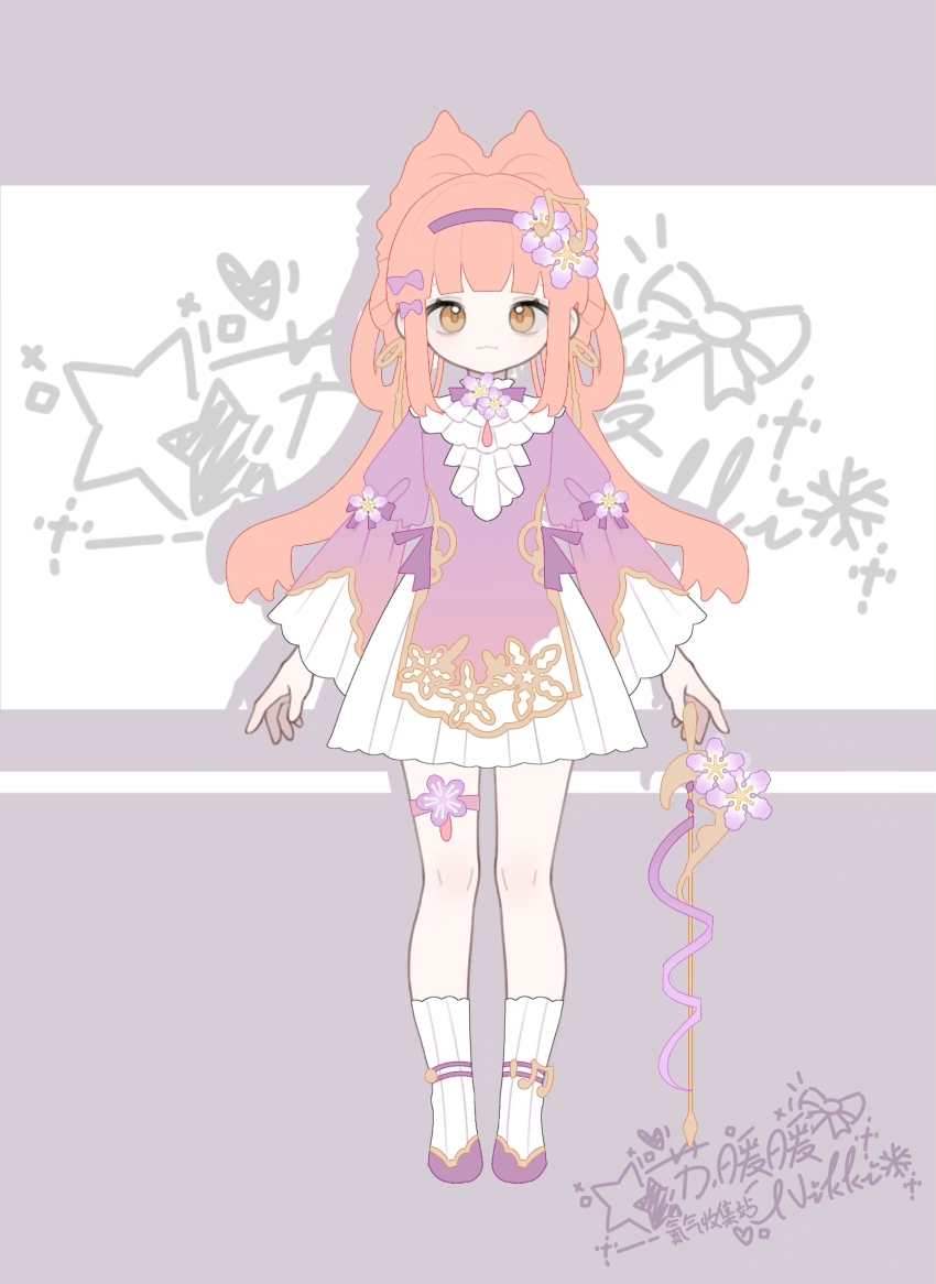 1girl ankle_socks artist_request ascot blunt_bangs bow bow-shaped_hair bowtie brooch brown_eyes cane chinese_clothes chinese_commentary closed_mouth commentary_request commission dress dress_bow eyelashes flats flower flower_brooch frilled_ascot frilled_sleeves frills full_body hair_bow hair_bun hair_flower hair_ornament hair_rings hairband highres holding holding_cane jewelry knees long_hair long_sleeves low_twintails miniskirt nikki_(nikki) nikki_(series) pink_hair pleated_skirt purple_background purple_bow purple_bowtie purple_dress purple_flower purple_hairband purple_shoes second-party_source shadow shoes short_dress signature single_hair_bun skirt skirt_under_dress sleeve_bow smile socks solo standing straight-on striped_clothes striped_thighhighs tareme thigh_strap thighhighs twintails two-tone_background vertical-striped_clothes vertical-striped_thighhighs very_long_hair white_ascot white_background white_skirt white_socks