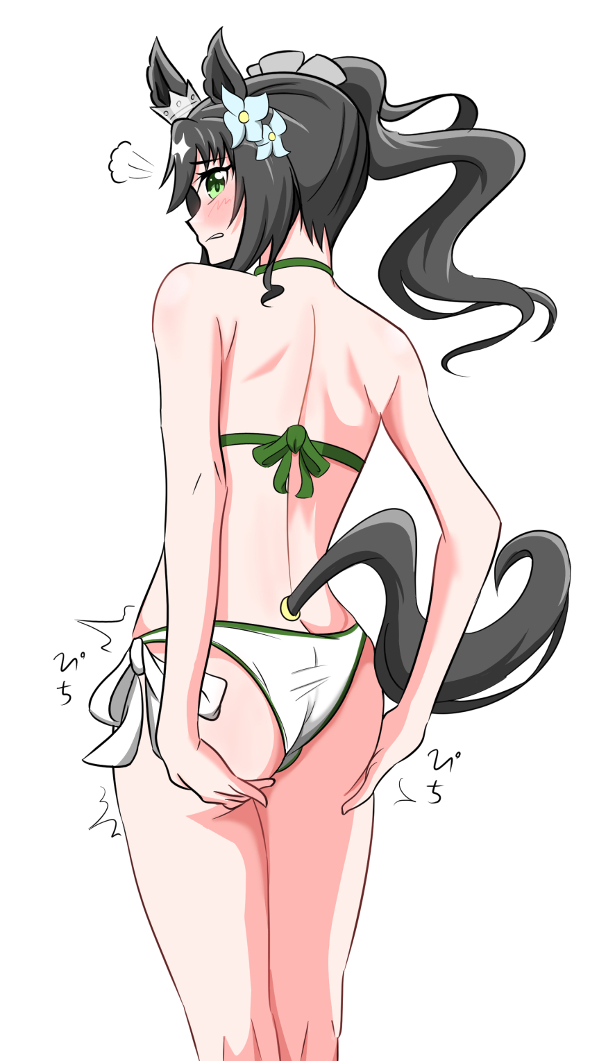 1girl absurdres alternate_costume animal_ears ass back back_focus bikini black_hair blush butt_crack flower from_behind green_eyes hair_flower hair_ornament highres horse_ears horse_girl horse_tail ke_(pixiv_84996172) long_hair looking_at_viewer multicolored_hair satono_crown_(umamusume) side_ponytail sideways_glance simple_background solo streaked_hair swimsuit tail umamusume white_background white_bikini white_hair