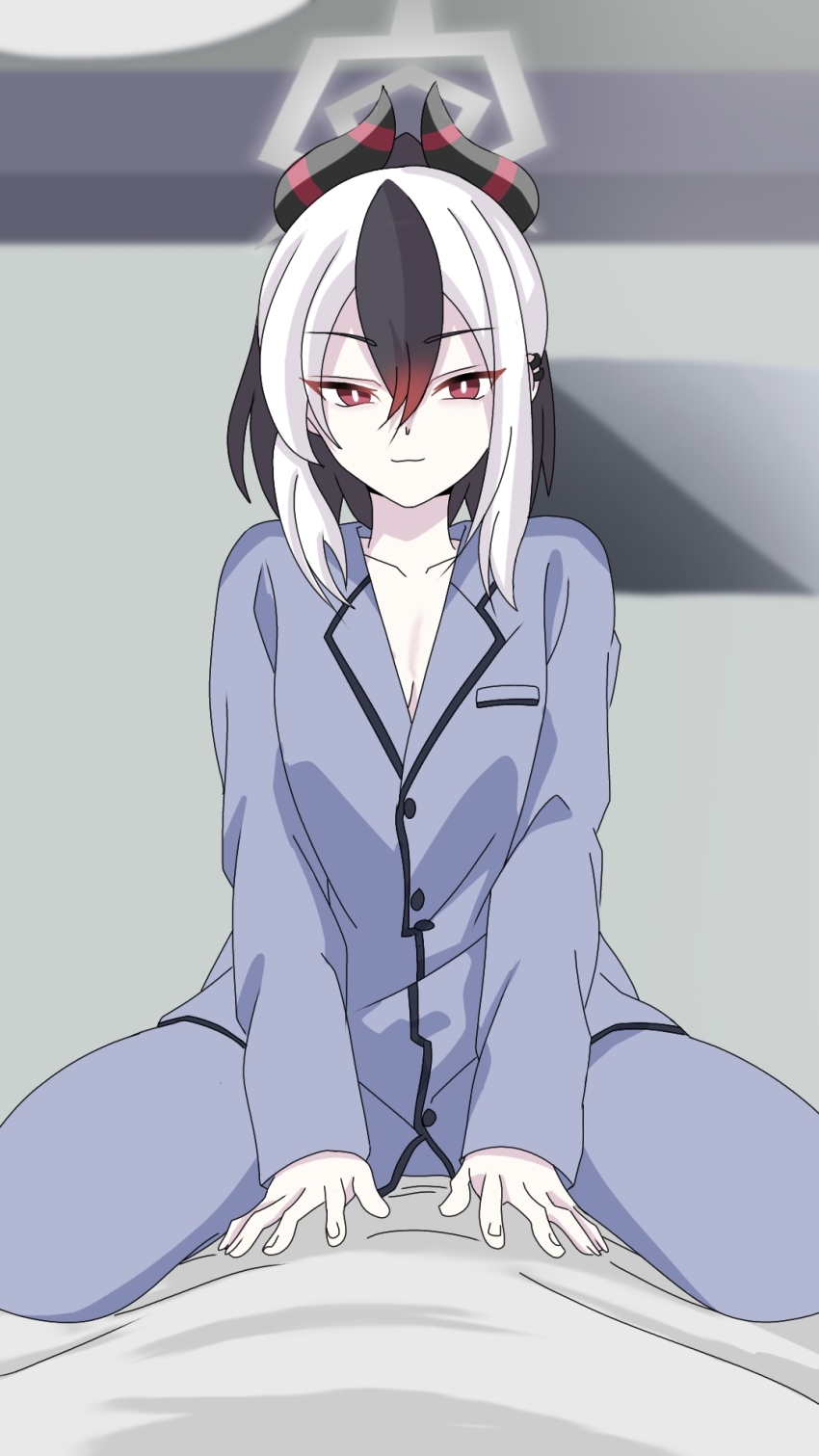 1girl alternate_costume bed black_hair black_horns blue_archive breasts buttons cleavage closed_mouth collarbone commentary demon_horns earclip good_morning_my_brother_(meme) gradient_hair grey_halo grey_pajamas grey_pants grey_shirt hair_between_eyes halo highres horns indoors kayoko_(blue_archive) light_smile long_sleeves looking_at_viewer medium_hair meme multicolored_hair multicolored_horns on_bed pajamas pants red_eyes red_hair scene_reference shi_draco shirt sidelocks solo straddling tokidoki_bosotto_roshia-go_de_dereru_tonari_no_alya-san white_hair